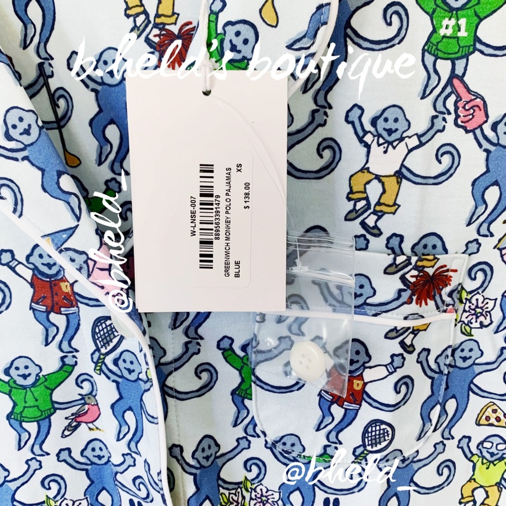 Roller Rabbit Greenwich Monkey Polo Pajamas in Blue Monkey Size XS Brand New NWT - Picture 5 of 16